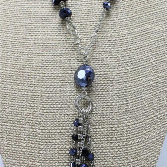 I.N.C. Silver Tassel Necklace with Jet Stones & Rhinestones NWT 26" - Picture 2 of 4